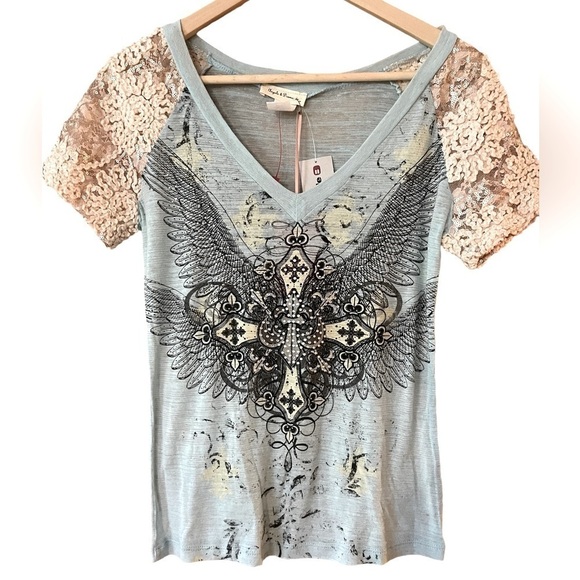 Angels & Diamonds Tops - Angels & Diamonds XS Blue Sequins Rhinestones and Lace Western Cross T-Shirt